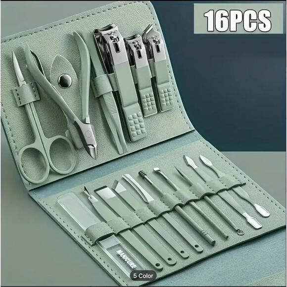 Manicure Set 16 pcs Stainless Steel Nail Care Luxurious Travel Leather Case Gift - Picture 1 of 7